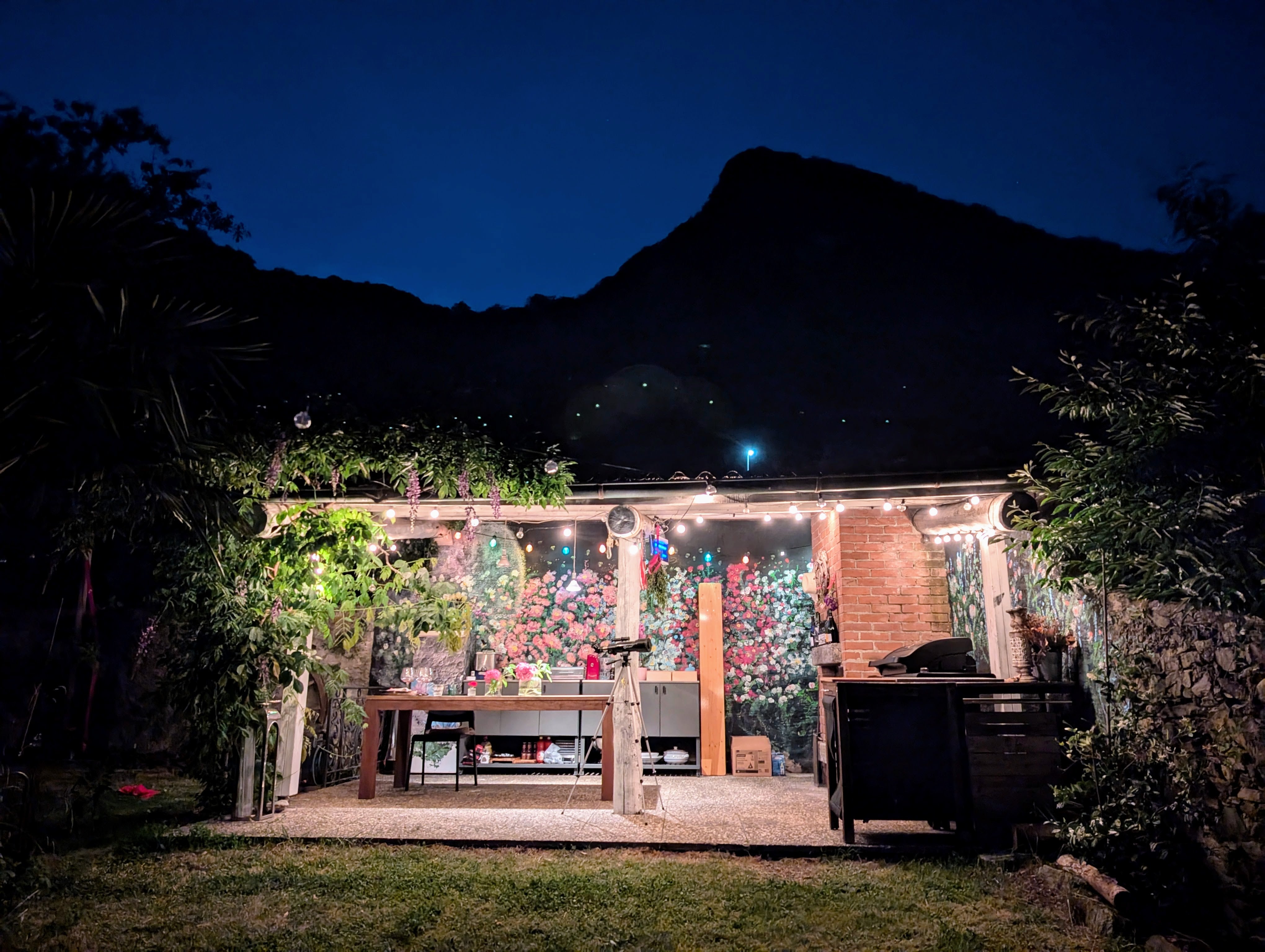 Il grottino di CasaGalleria.ART illuminato per le cene, con murales floreale ispirato al giardino, Rovio.