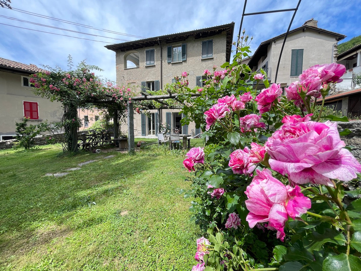 Le rose del giardino della CasaGalleria.ART e la facciata della casa-atelier di Yuri Catania e Silvia Torricelli a Rovio, nella Svizzera italiana.